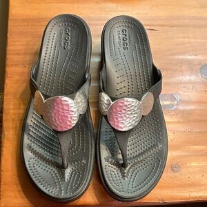 CROCS Black Sandals with Pink and Silver Accents